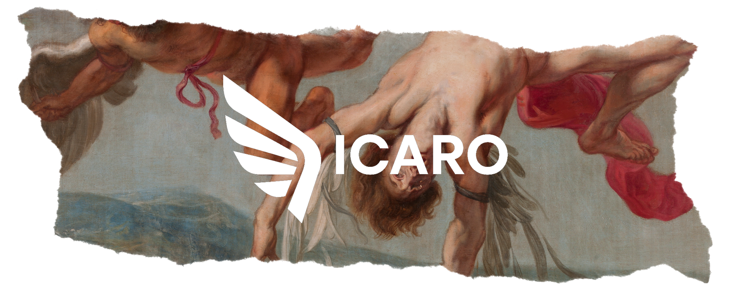 Baroque-inspired painting of a figure falling through the sky clutching wings while draped in red cloth